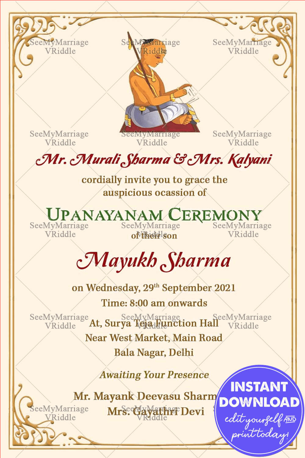 Traditional Cream Theme Upanayanam Invitation Card With Golden Border