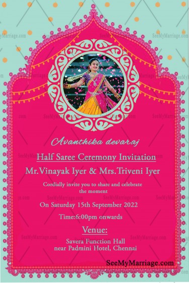 Traditional Half Saree Invitation Card With Pink & Skyblue Theme