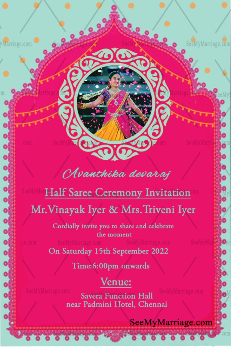 Traditional Half Saree Invitation Card With Pink &amp; Skyblue Theme