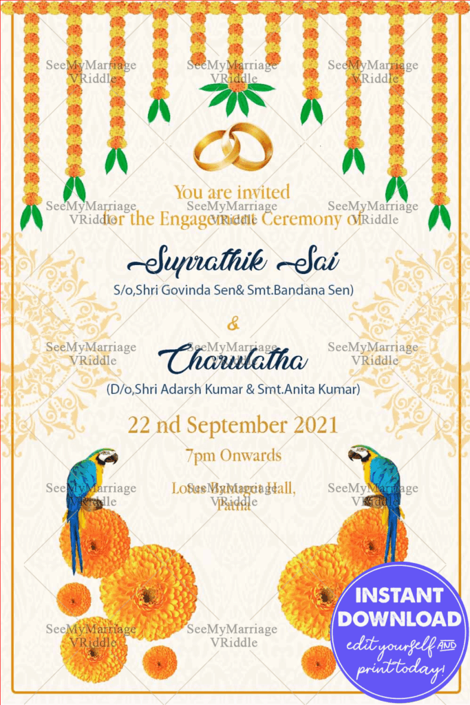 Traditional Marigold Floral Engagement Invitation Card With Parrots And Mandala Theme
