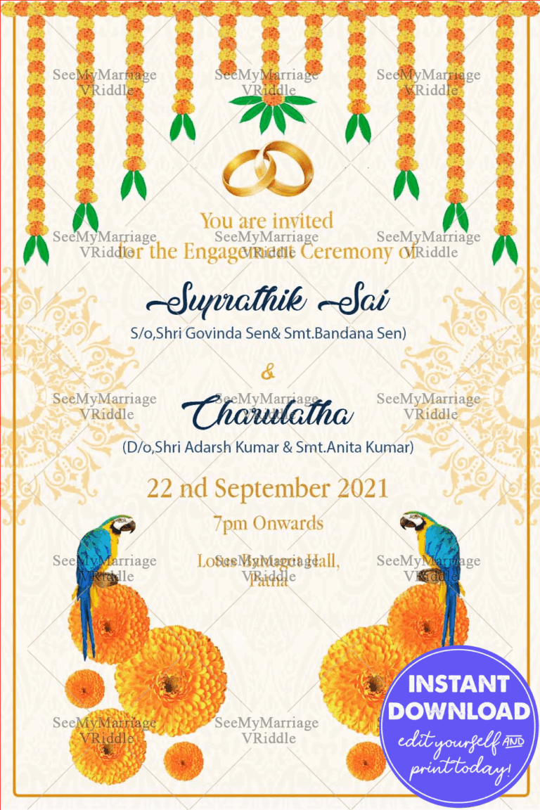 Traditional Marigold Floral Engagement Invitation Card With Parrots And Mandala Theme