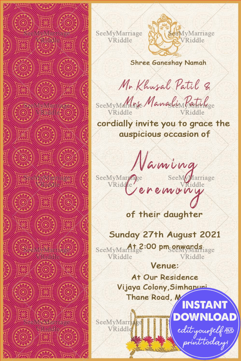 Traditional Naming Ceremony Invitation Card With Pink And Cream Theme