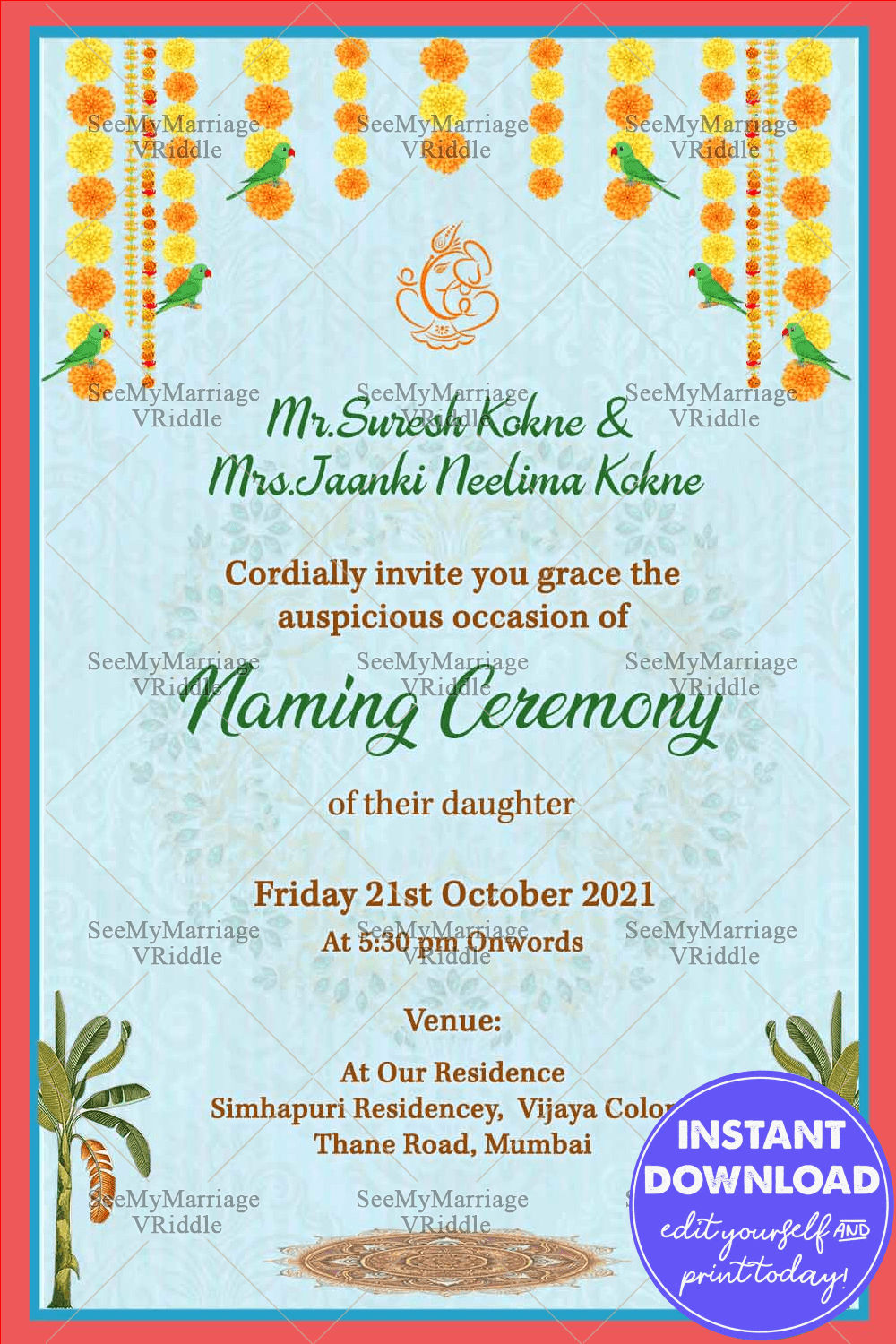 Traditional Simple Naming Ceremony Invitation Card In Sky Blue Theme With Orange Border