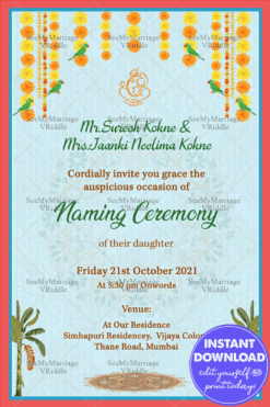 Traditional Simple Naming Ceremony Invitation Card In Sky Blue Theme With Orange Border