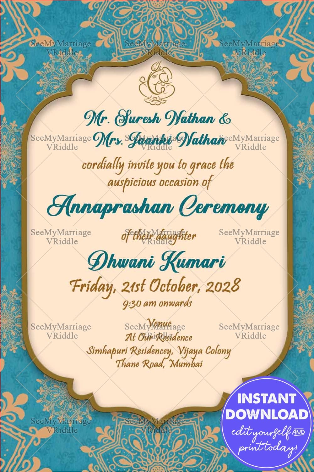 Traditional Vintage Theme Annaprasan Ceremony Card In Blue And Cream Theme