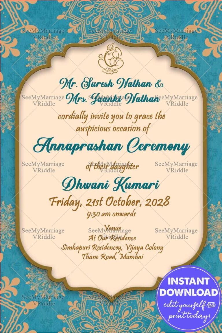 Traditional Vintage Theme Annaprasan Ceremony Card In Blue And Cream Theme