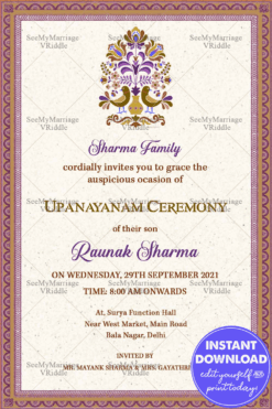 Vintage Cream Theme Violet Bordered Upanayanam Invitation Card
