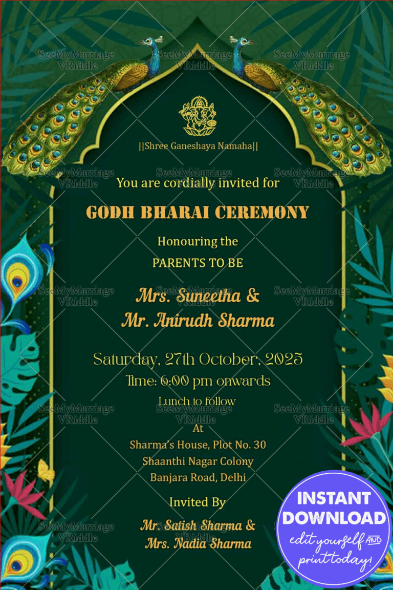 Vintage Green Peacock Theme Godh Bharai Invitation Card