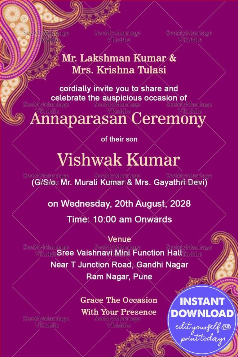 Vintage Pink Theme Mango Leaf Designed Annaprasan Ceremony Invitation Card