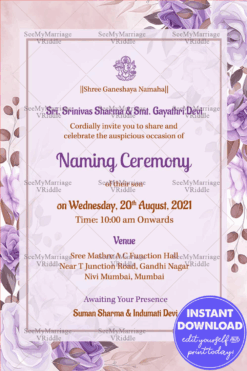 Violet Rose Floral Theme Naming Ceremony Invitation Card With Hanging Lotus Florals And Bells