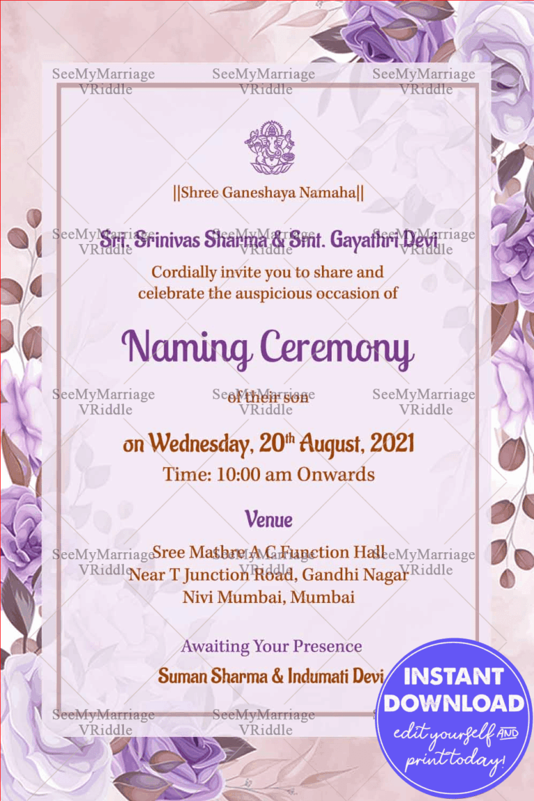 Violet Rose Floral Theme Naming Ceremony Invitation Card With Hanging Lotus Florals And Bells