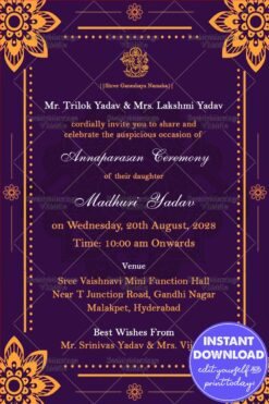 Violet Theme Traditional Annaprasan Invitation Card With Golden Mandala