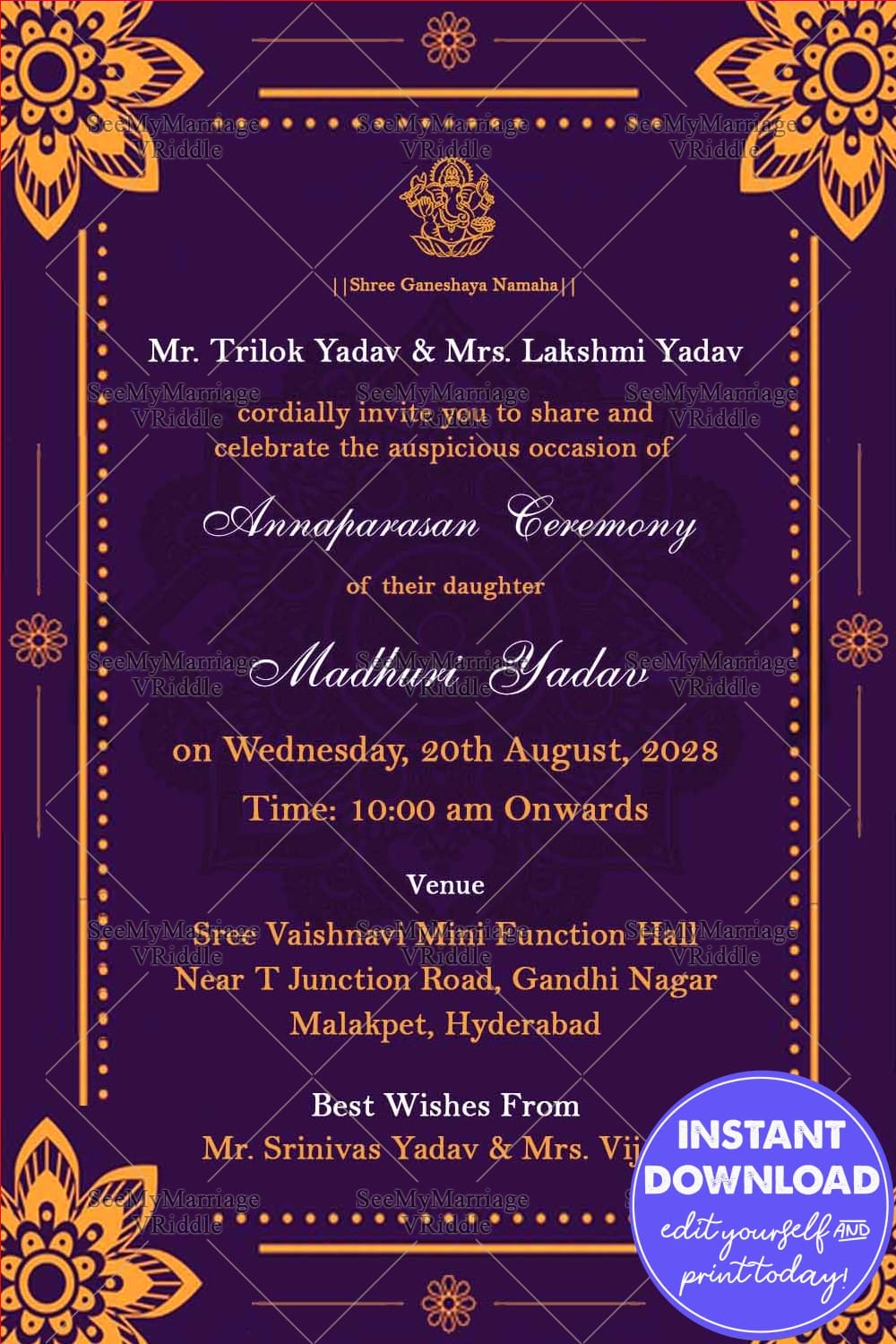 Violet Theme Traditional Annaprasan Invitation Card With Golden Mandala