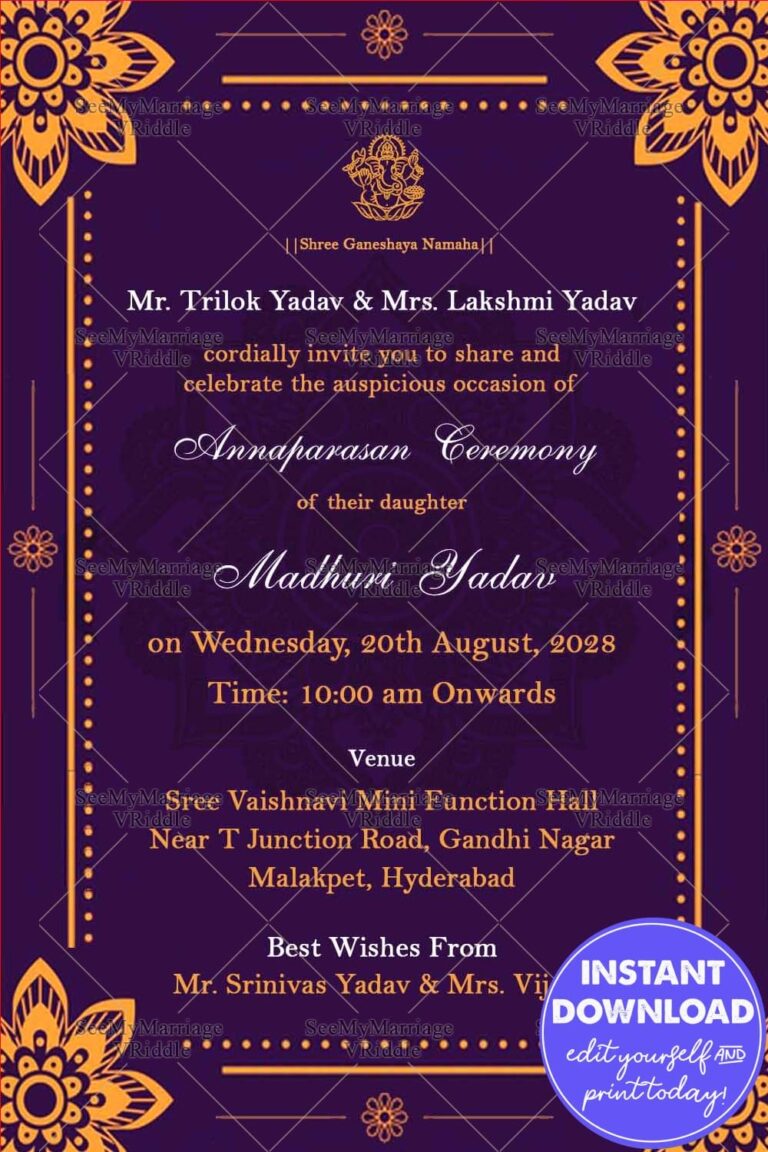 Violet Theme Traditional Annaprasan Invitation Card With Golden Mandala
