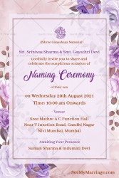 Violet Rose Floral Theme Naming Ceremony Invitation Card With Hanging Lotus Florals And Bells