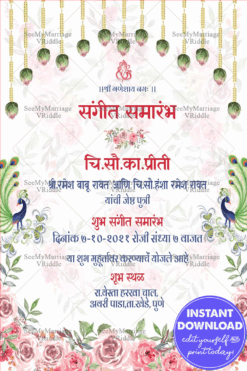 White Theme Sangeet Invitation Card Decorated With Hanging Florals And Peacocks