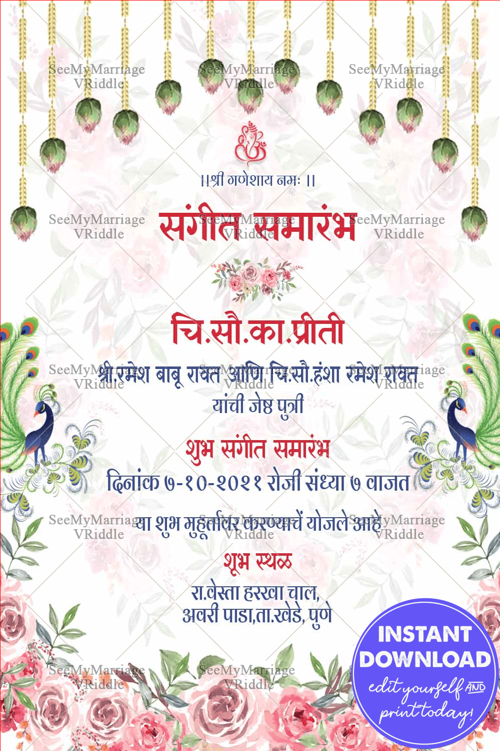 White Theme Sangeet Invitation Card Decorated With Hanging Florals And Peacocks