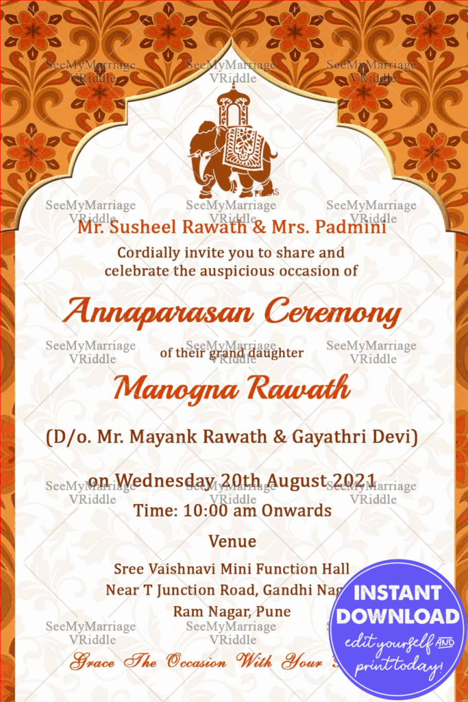 Traditional Orange Floral Border Theme Annaprasan Invitation Card