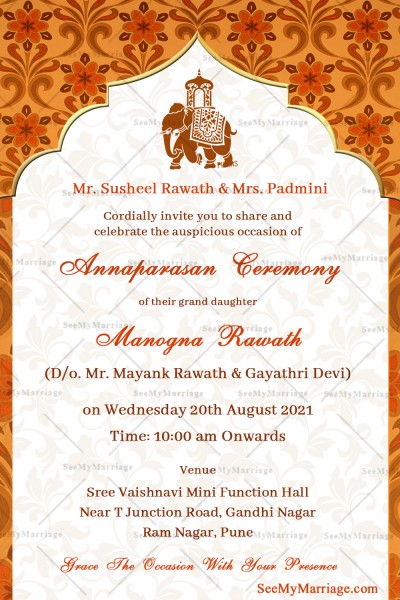 Traditional Orange Floral Border Theme Annaprasan Invitation Card ...