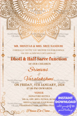 Vintage Cream Theme Dhoti Ceremony Invitation Card With Golden Mandala Designs
