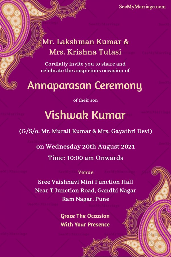 Vintage Pink Theme Mango Leaf Designed Annaprasan Ceremony Invitation ...