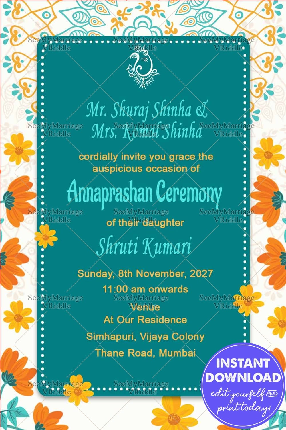 Orange & Yellow Floral With Mandala Design Annaprasana Ceremony Invitation
