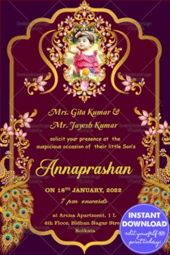 Blue Peacock Ornament Theme Annaprasan Invitation Card