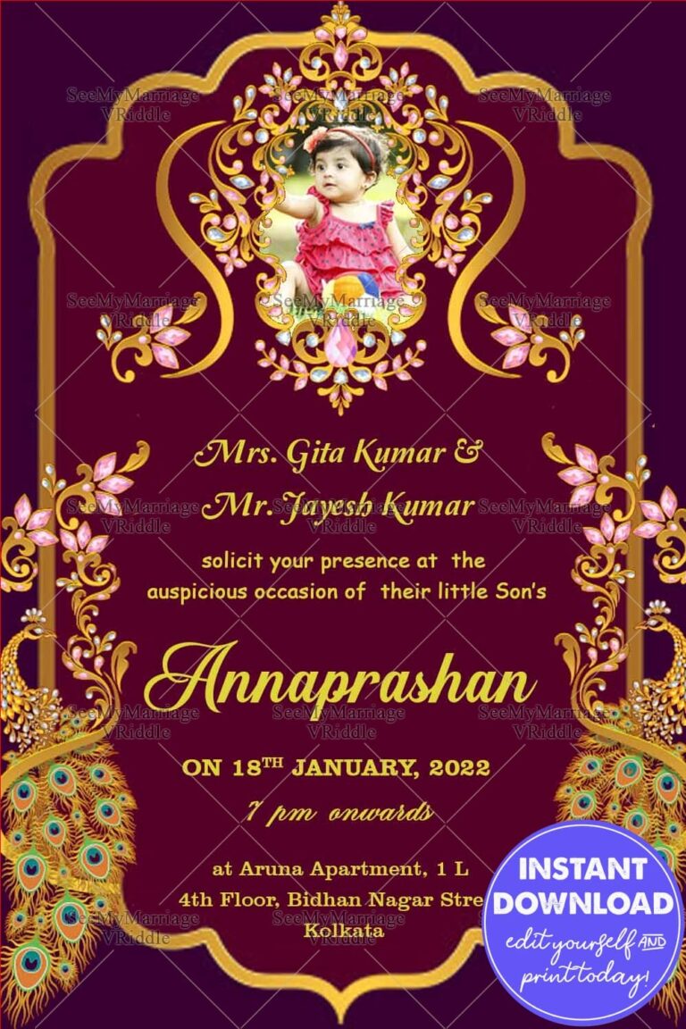 Blue Peacock Ornament Theme Annaprasan Invitation Card
