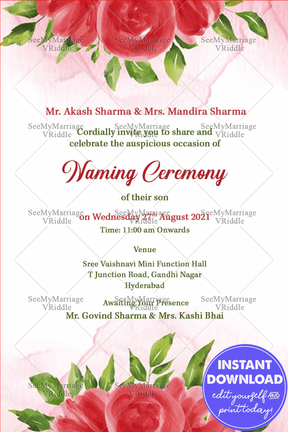 Red Rose Watercolor Theme Naming Ceremony Invitation Card