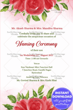 Red Rose Watercolor Theme Naming Ceremony Invitation Card