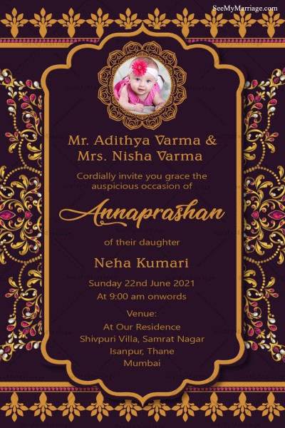 Gold Patterned And Crystals Annaprasana Invitation Card With Dark ...