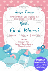 Arc Frame With Star Godh Bharai Invitation Card Pink And Blue Theme