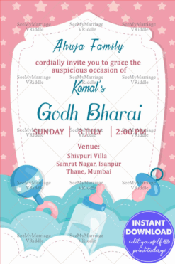 Arc Frame With Star Godh Bharai Invitation Card Pink And Blue Theme