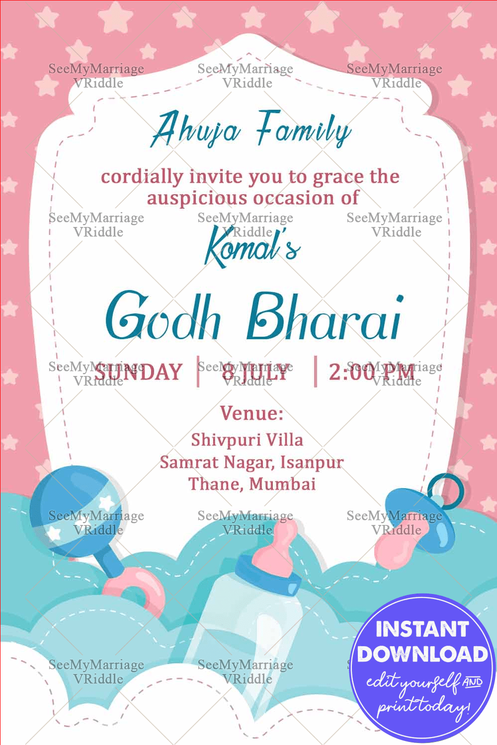 Arc Frame With Star Godh Bharai Invitation Card Pink And Blue Theme ...