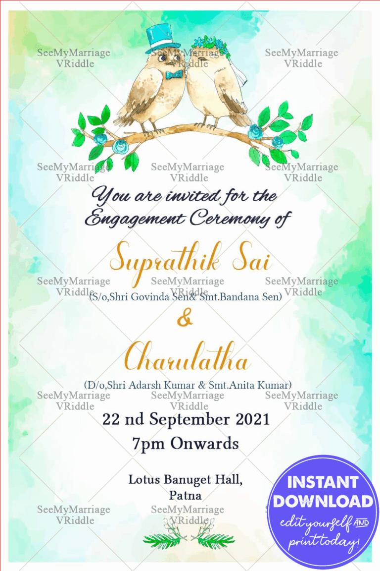 Beautiful Watercolor Birds Theme Engagement Invitation Card