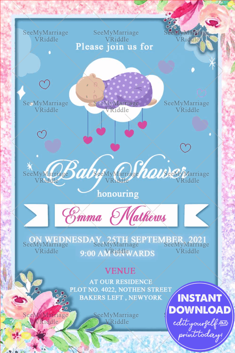 Light Sky Blue Theme Baby Shower Invitation Card With Cute Love Symbols