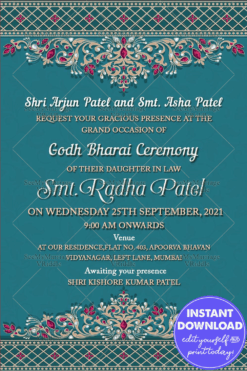 Simple Light Green Seemantham Invitation Card Decorated With Stones