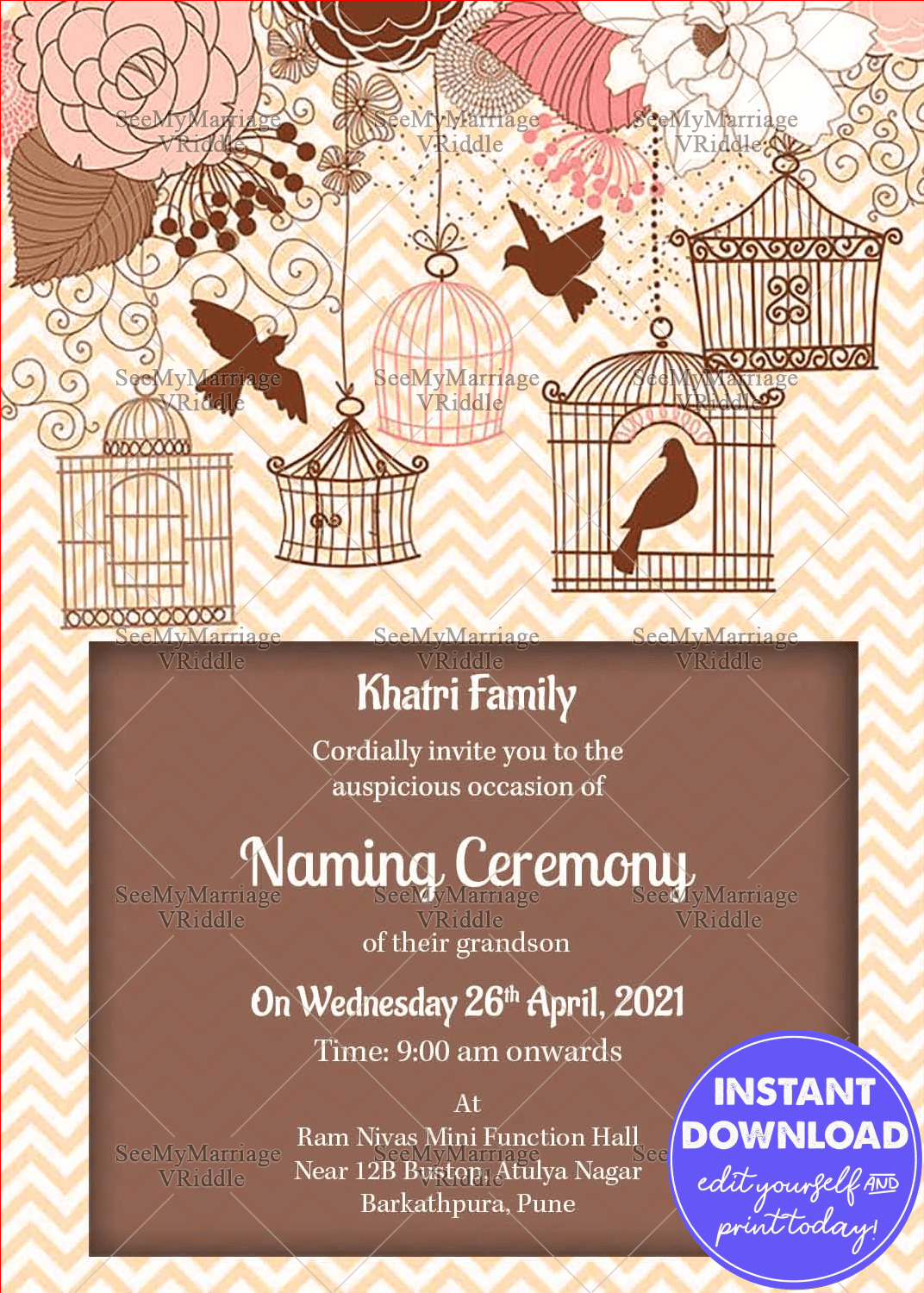 Brown Theme Naming Ceremony Invitation Card Decorated With Birds And Cages