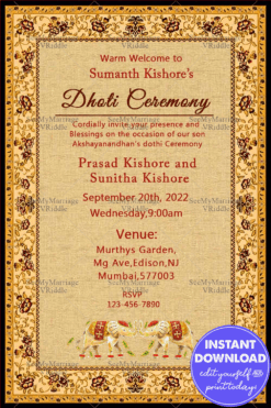 Dhoti Ceremony Invitation Card With Elephant & Yellow Floral Flowers Theme