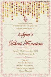 Traditional Cream Theme Dhoti Function Invitation Card With Hanging Flowers