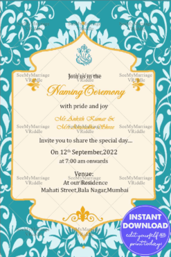 Floral Design Naming Ceremony Invitation Card With Sky Blue  & Cream Theme
