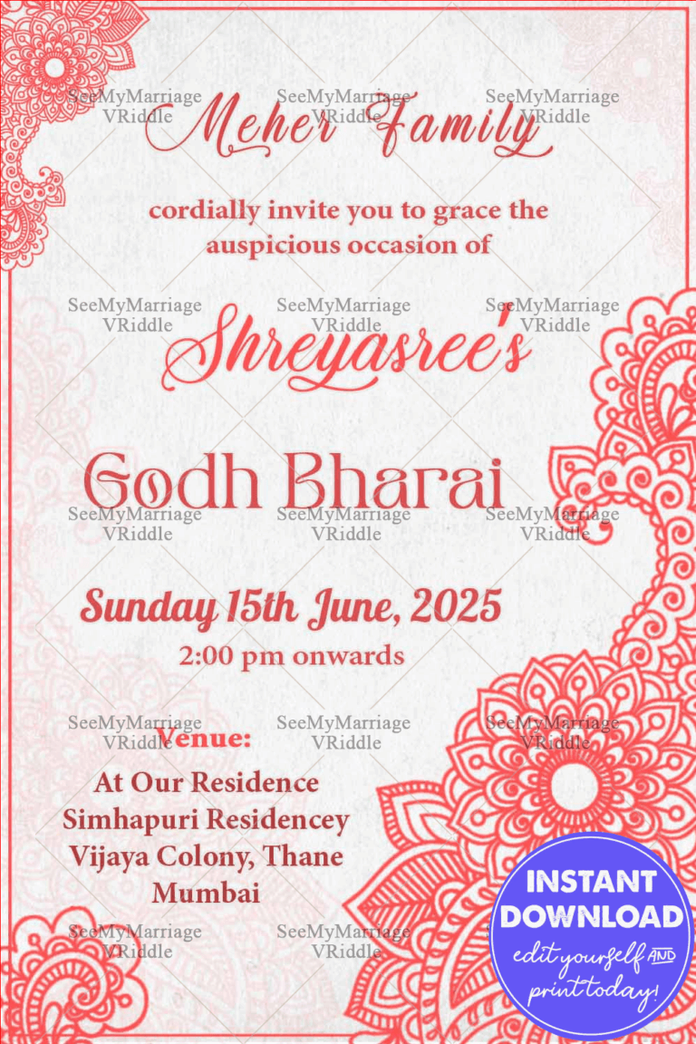Floral Elements Mehndi Style With Red Theme Godh Bharai Invitation Card