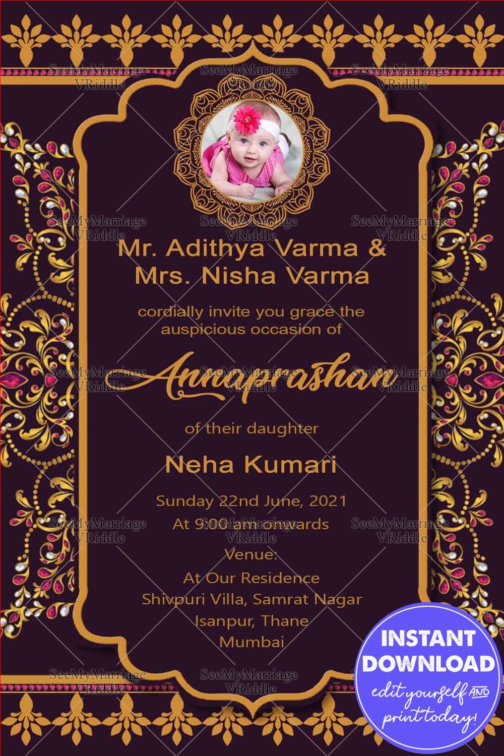 Gold Patterned And Crystals Annaprasana Invitation Card With Dark Violet Theme