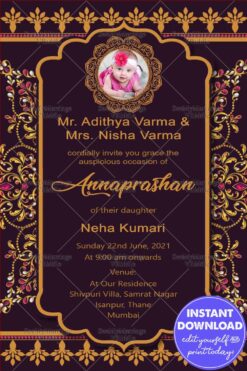 Gold Patterned And Crystals Annaprasana Invitation Card With Dark Violet Theme