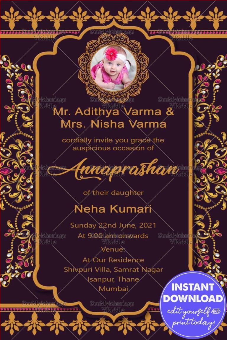 Gold Patterned And Crystals Annaprasana Invitation Card With Dark Violet Theme