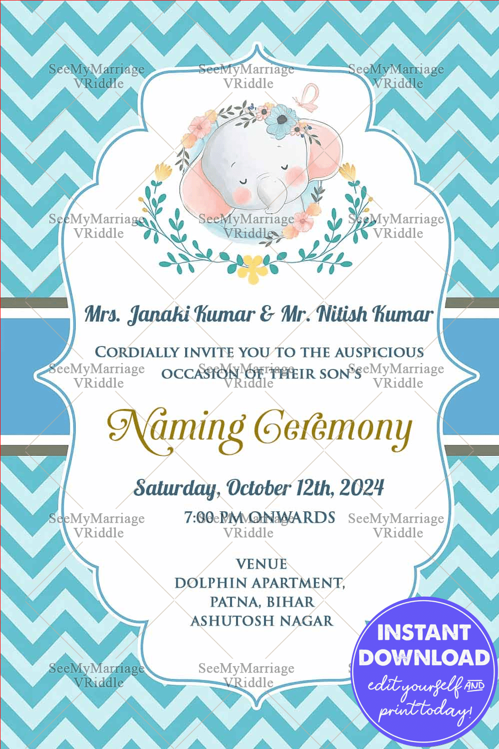 Happy Elephant Naming Ceremony Invitation Card