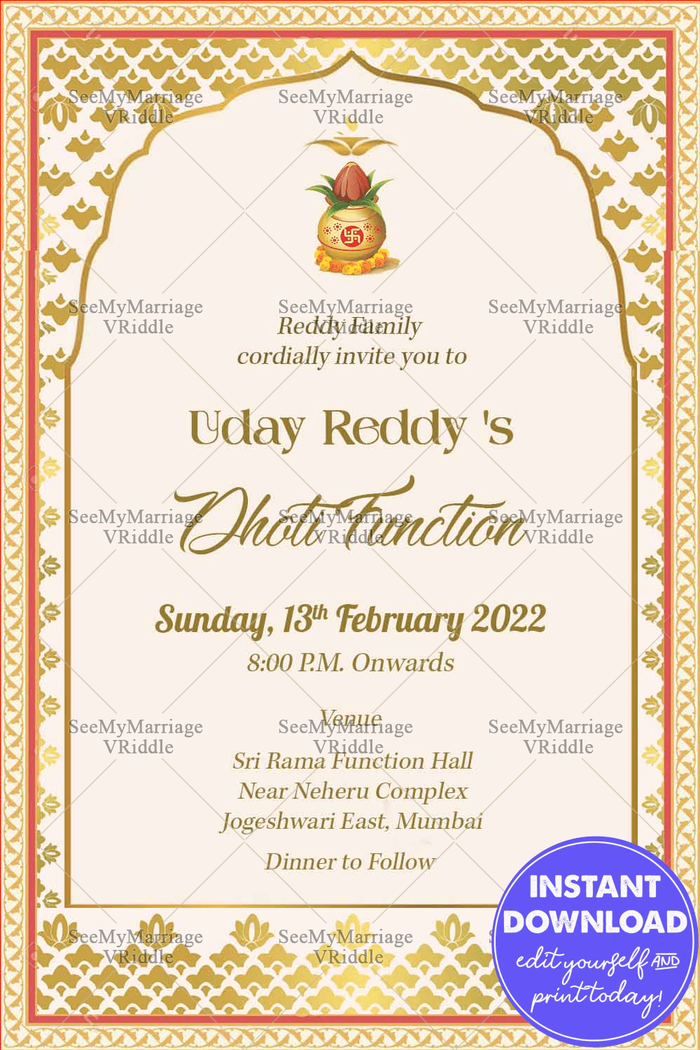 Hindu Traditional Boarder Dhoti Ceremony Invitation Card