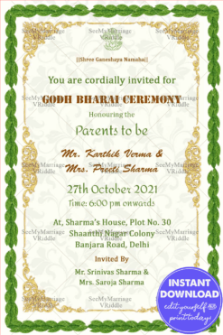 Light Cream Color Godh Bharai Invitation Card Decorated Traditionally With Mango Leaves