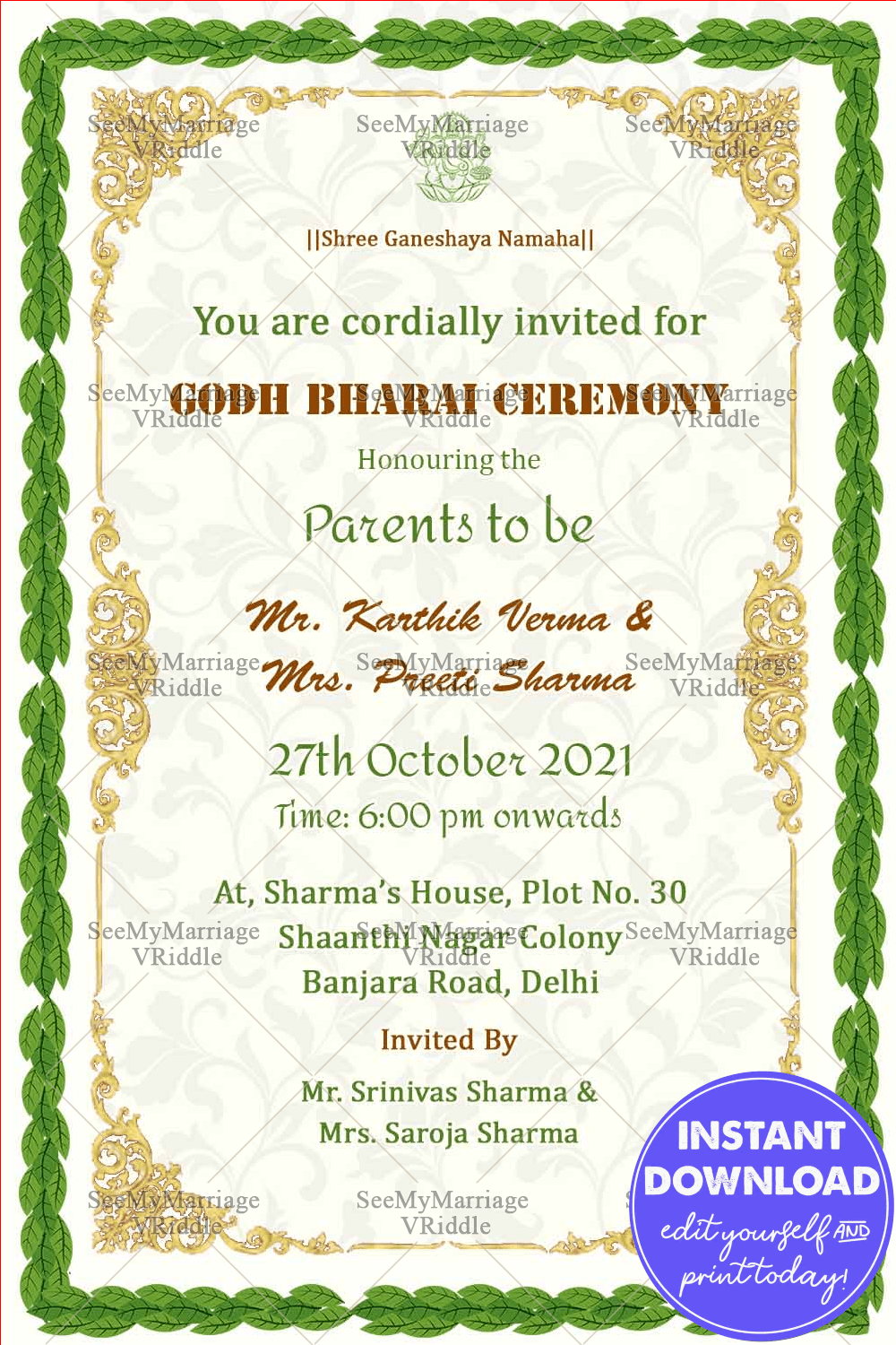 Light Cream Color Godh Bharai Invitation Card Decorated Traditionally With Mango Leaves