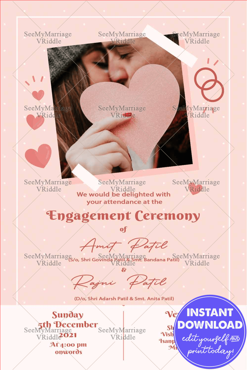 Modern Style With Couple & Light Pink Theme Engagement Invitation Card